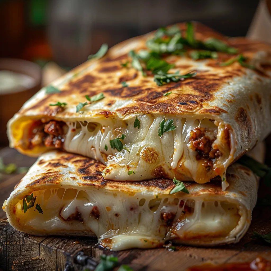 A delicious grilled cheese burrito with a crispy golden exterior, showcasing gooey cheese oozing out, surrounded by soft shadows.