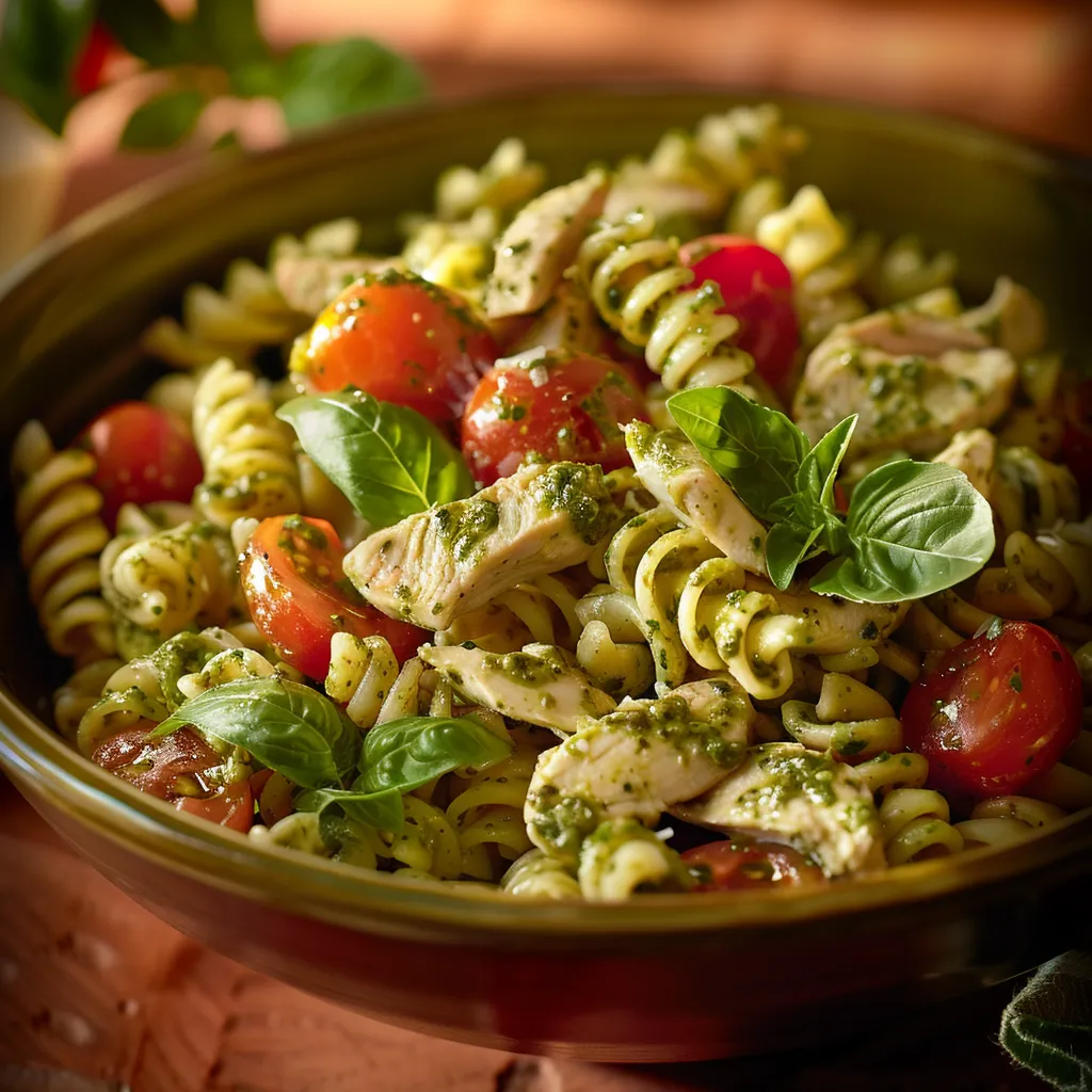 Eye-level shot of Chicken Pesto Pasta Salad featuring pasta, chicken, and cherry tomatoes.