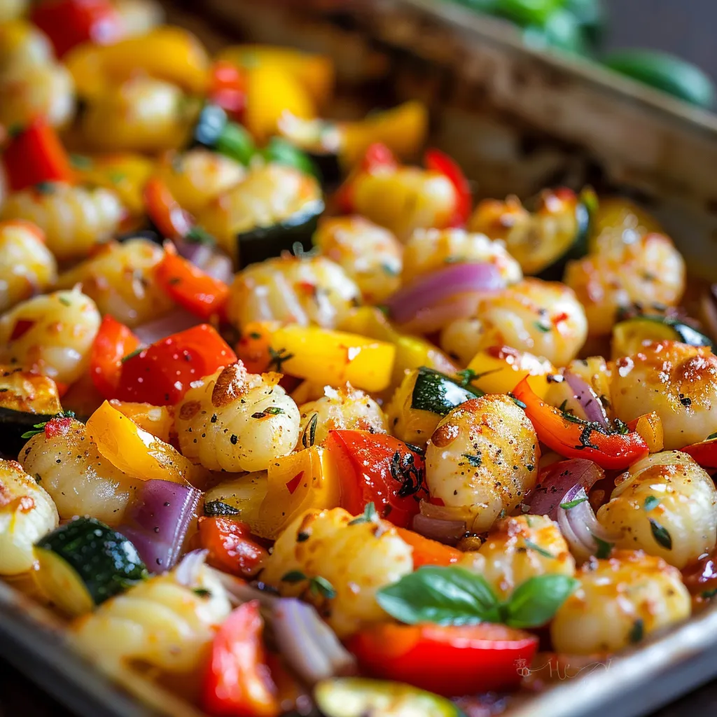 Delicious sheet pan gnocchi with red and yellow bell peppers, zucchini, and red onion.