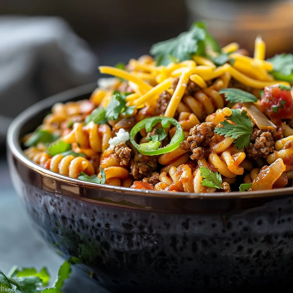 Bowl of One Pot Beef Taco Pasta garnished with cilantro in warm natural light.