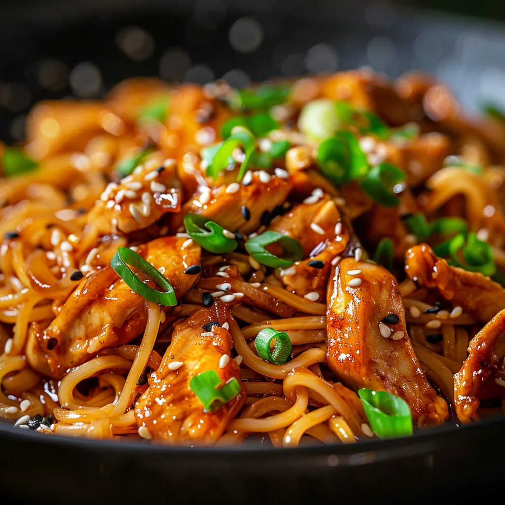 Delicious sticky garlic chicken served on noodles, showcasing texture and vibrant colors.