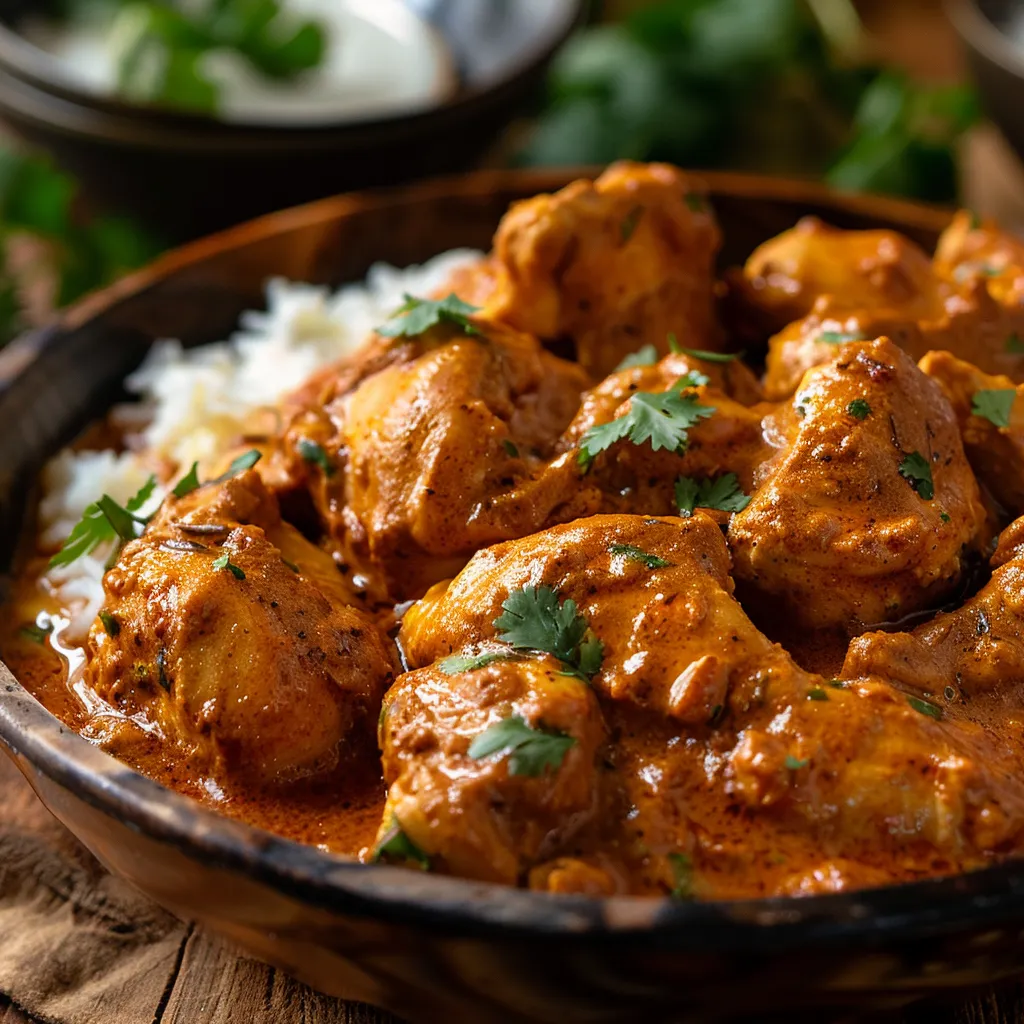 Delicious homemade butter chicken served in a bowl with a blurred background.