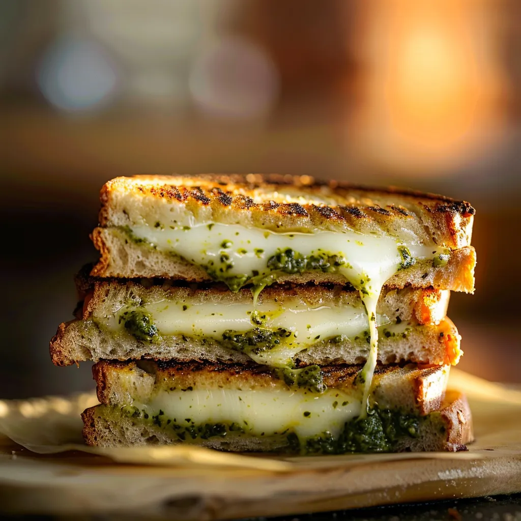 A beautifully arranged Best Pesto Grilled Cheese with vibrant green pesto and golden crust, served on a rustic plate.