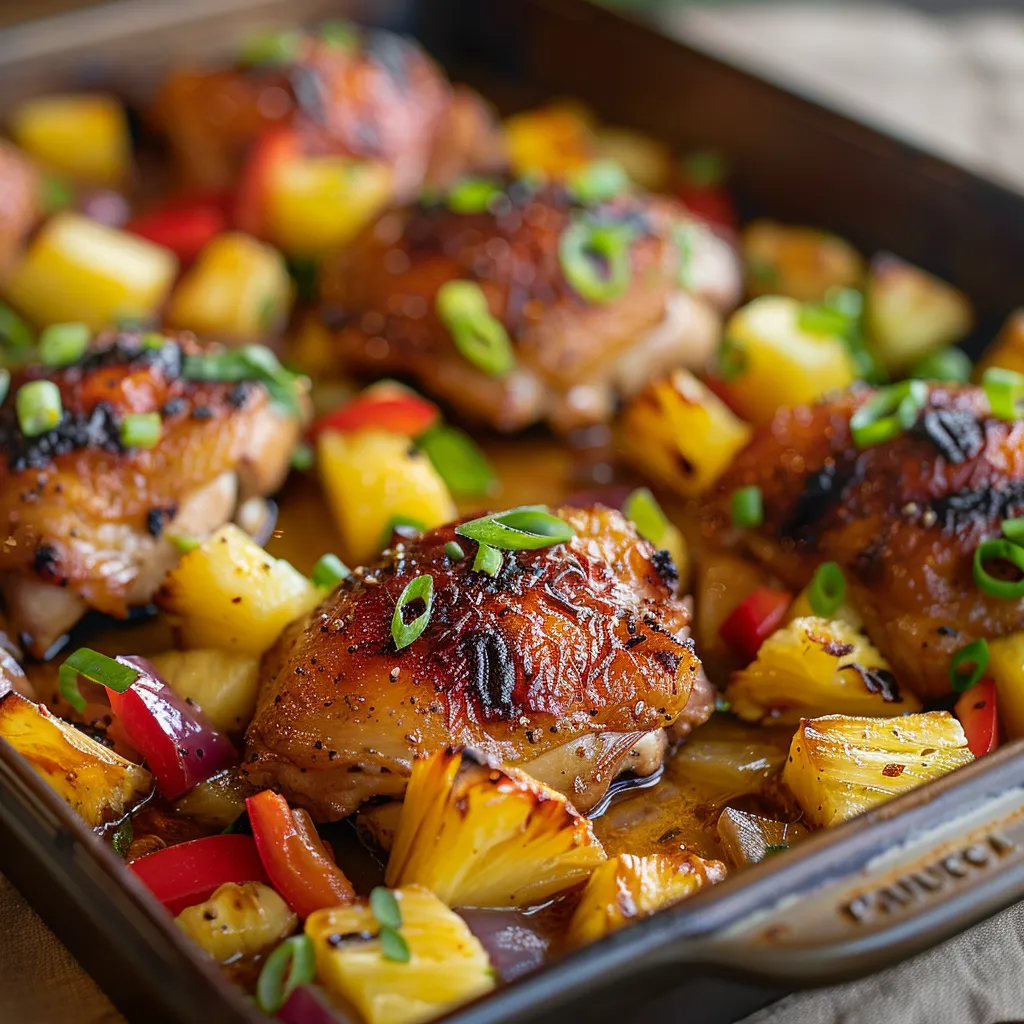A colorful Hawaiian Chicken Sheet Pan Dinner with chicken, pineapple chunks, and sliced vegetables arranged on a baking sheet.