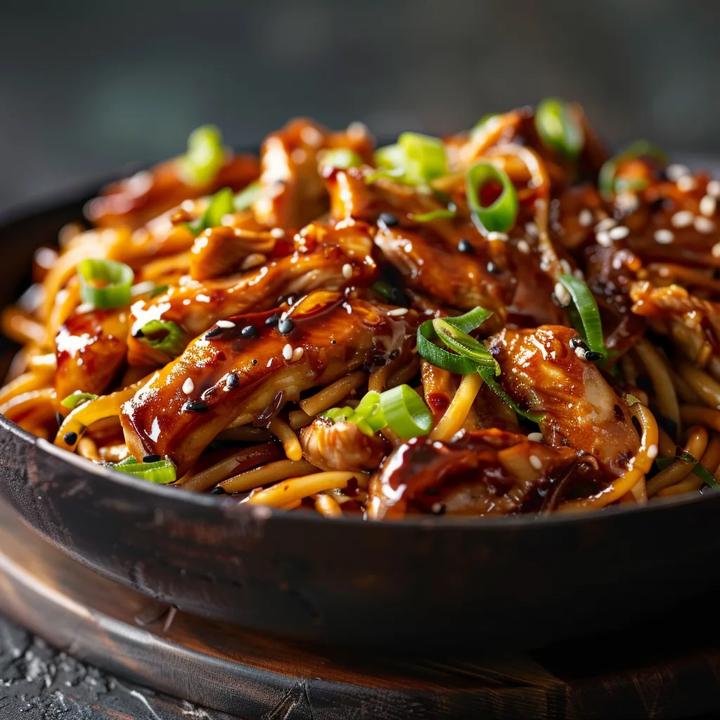 Delicious Sticky Garlic Chicken Noodles served in a bowl, featuring sliced chicken and noodles.