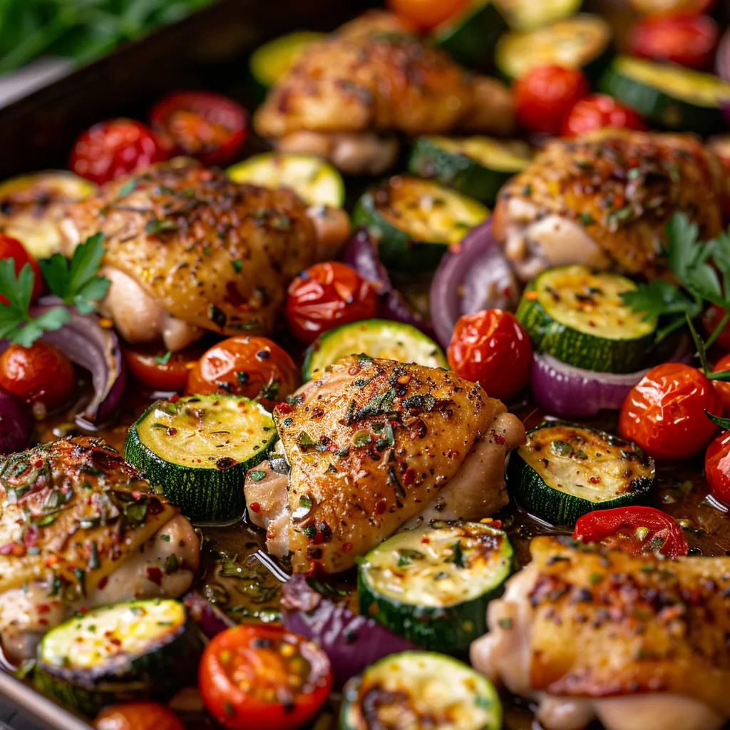 Eye-level view of Greek chicken and veggies on a sheet pan, showcasing vibrant colors and textures.