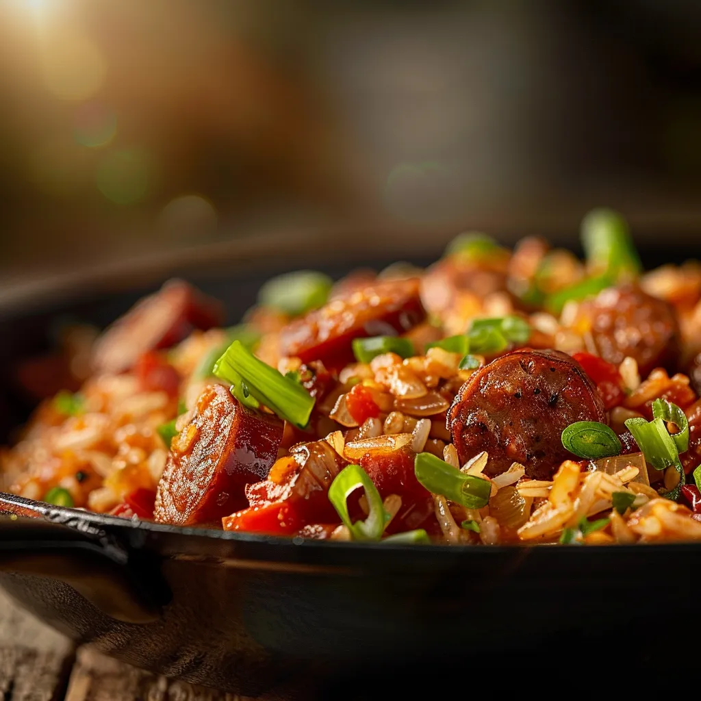 A vibrant Cajun Sausage and Rice dish in a skillet, showcasing rich textures and colors.