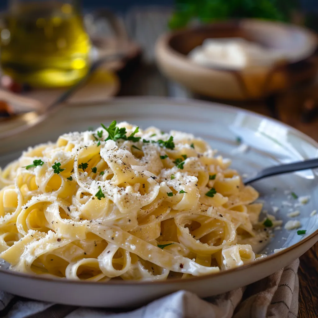 A bowl of tagliatelle pasta in a creamy garlic sauce, illuminated by warm natural light.