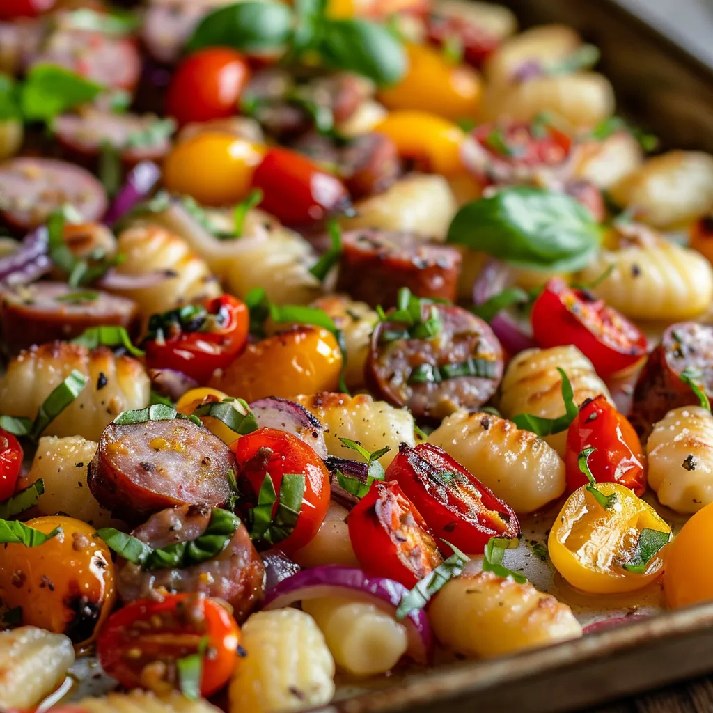A deliciously arranged plate of sheet pan gnocchi and sausage with cherry tomatoes and bell peppers.