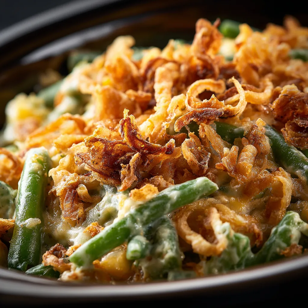 A delicious Crock Pot Green Bean Casserole displayed in natural light, showcasing its creamy texture and savory toppings.