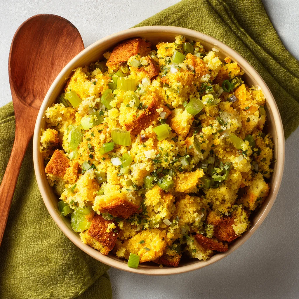 Delicious bowl of cornbread stuffing with diced vegetables and herbs in natural light.