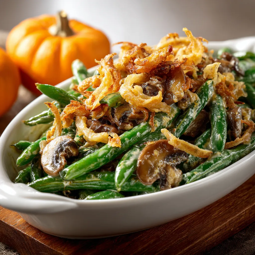 A delicious green bean casserole in a dish, showcasing its creamy texture and golden topping.