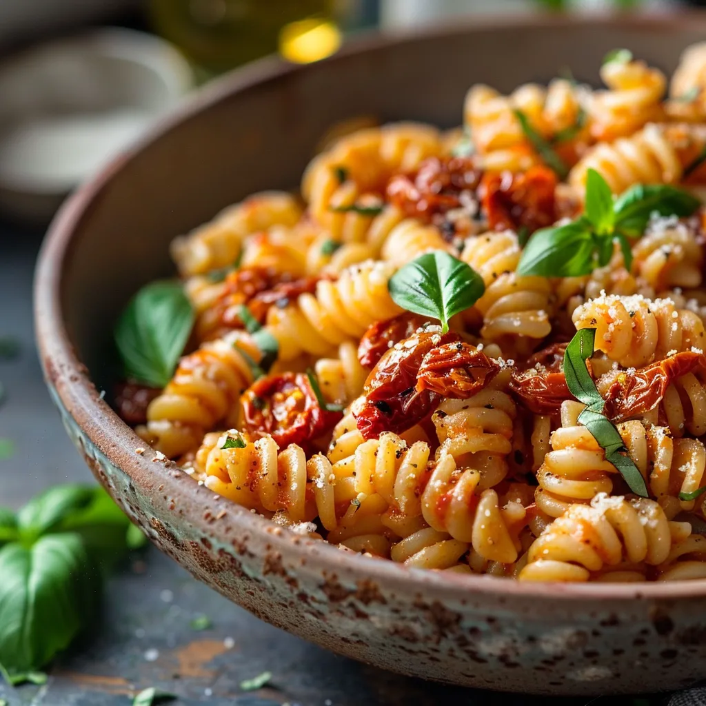 Delicious bowl of vegan pasta with sun-dried tomatoes and hints of garlic, lit by natural light.