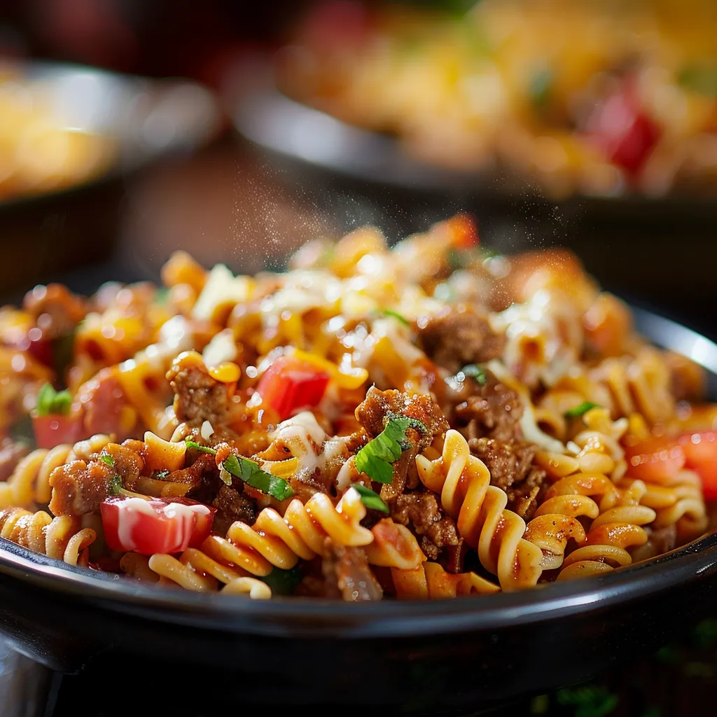 Tantalizing bowl of Cheesy Taco Pasta with a focus on the rich texture and colors.