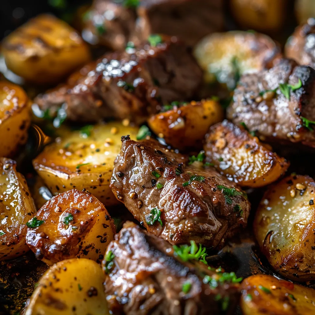 An eye-level shot showcasing tender steak bites and baby potatoes garnished with fresh parsley, featuring rich textures.