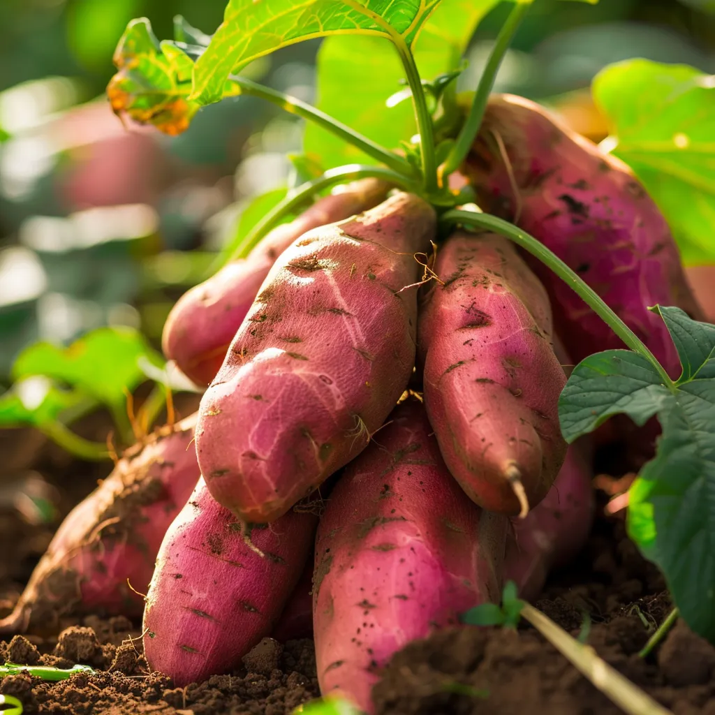 Focused view of healthy sweet potato plants surrounded by mulch, featuring a blurred cozy backdrop.