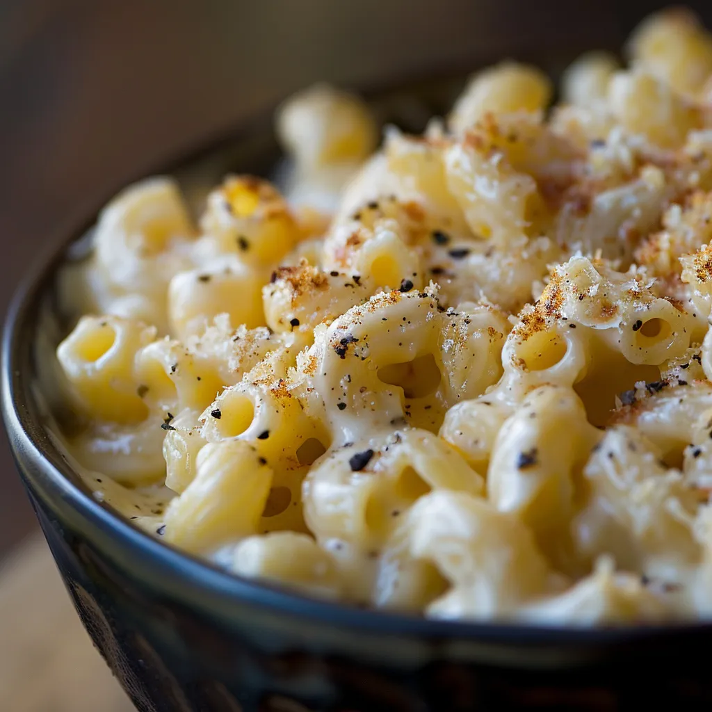 Rich and cheesy macaroni and cheese served from a crockpot, emphasizing the texture and warmth.