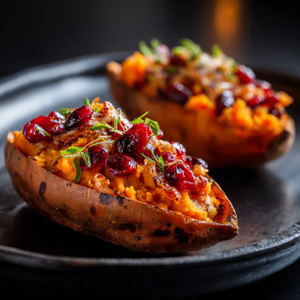 A vibrant dish of cranberry apple stuffed sweet potatoes on a rustic background.