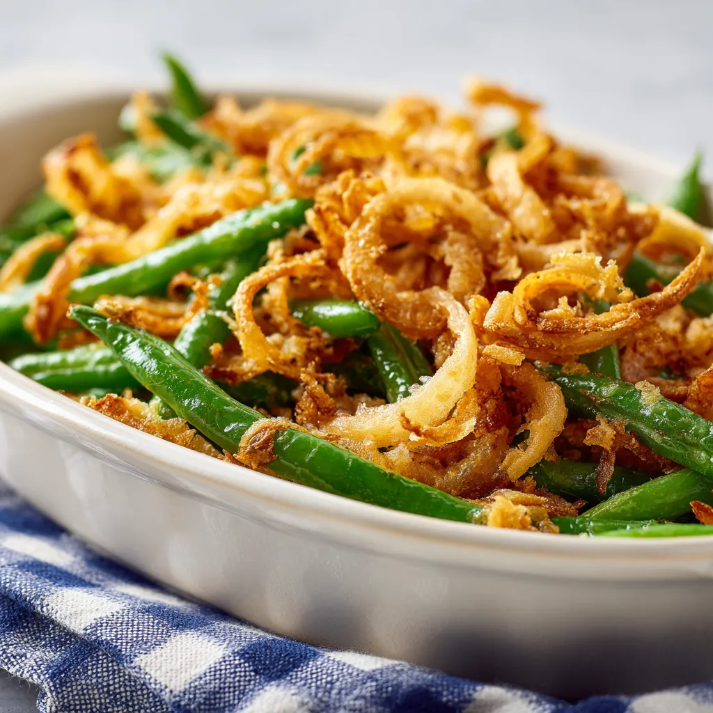 Warm green bean casserole with a golden brown topping and soft lighting.