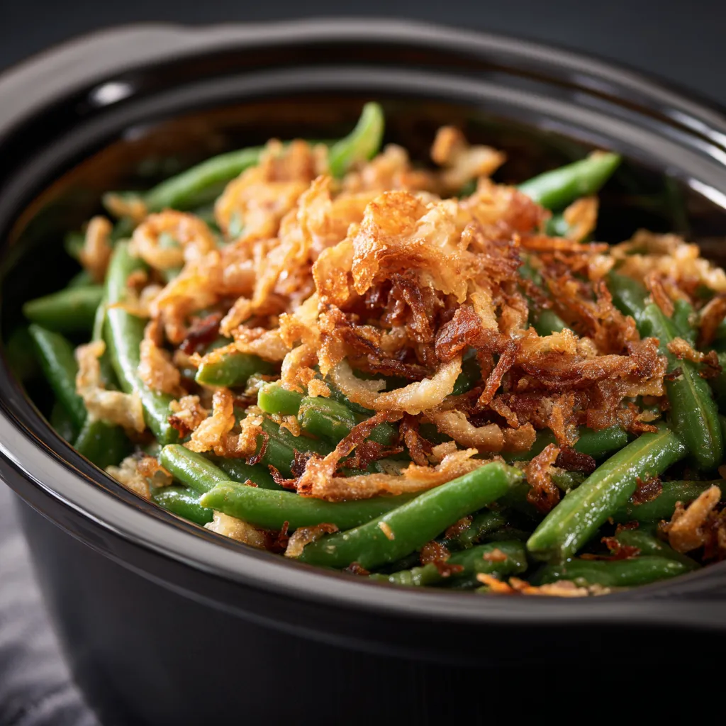 A bowl of green bean casserole showcasing green beans, creamy sauce, and crispy onions, beautifully lit.