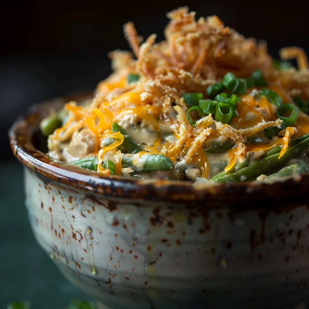 Eye-level view of a warm green bean casserole, showcasing its rich texture and golden fried onion topping.