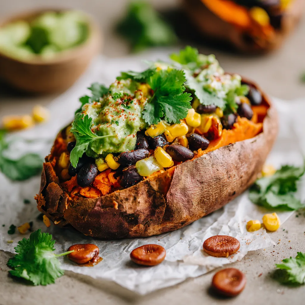 A beautifully arranged plate of stuffed sweet potatoes, filled with colorful ingredients and enhanced by natural light.