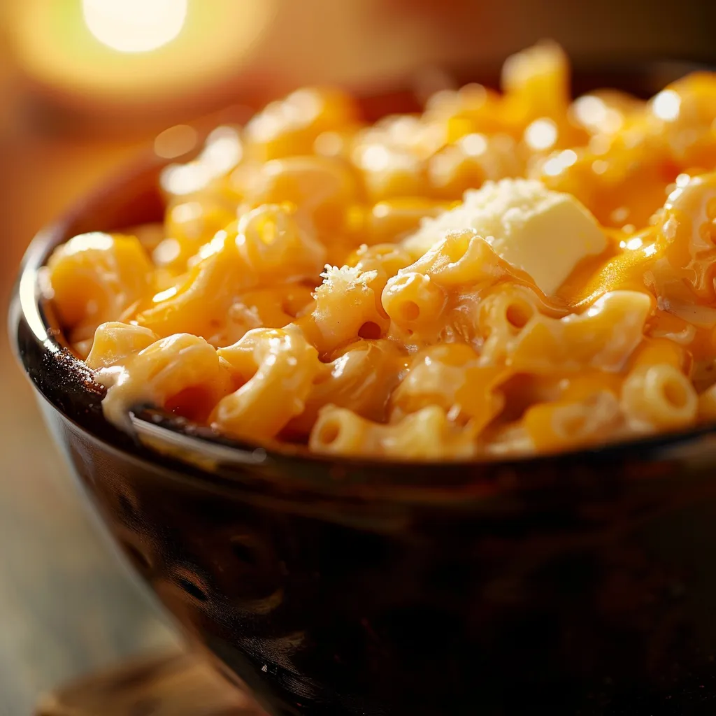 Delicious Mac & Cheese with melted cheddar, presented in a cozy kitchen setting.