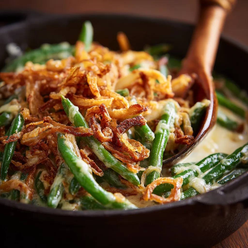 Delicious green bean casserole in a slow cooker, showcasing a creamy texture and golden fried onion topping.
