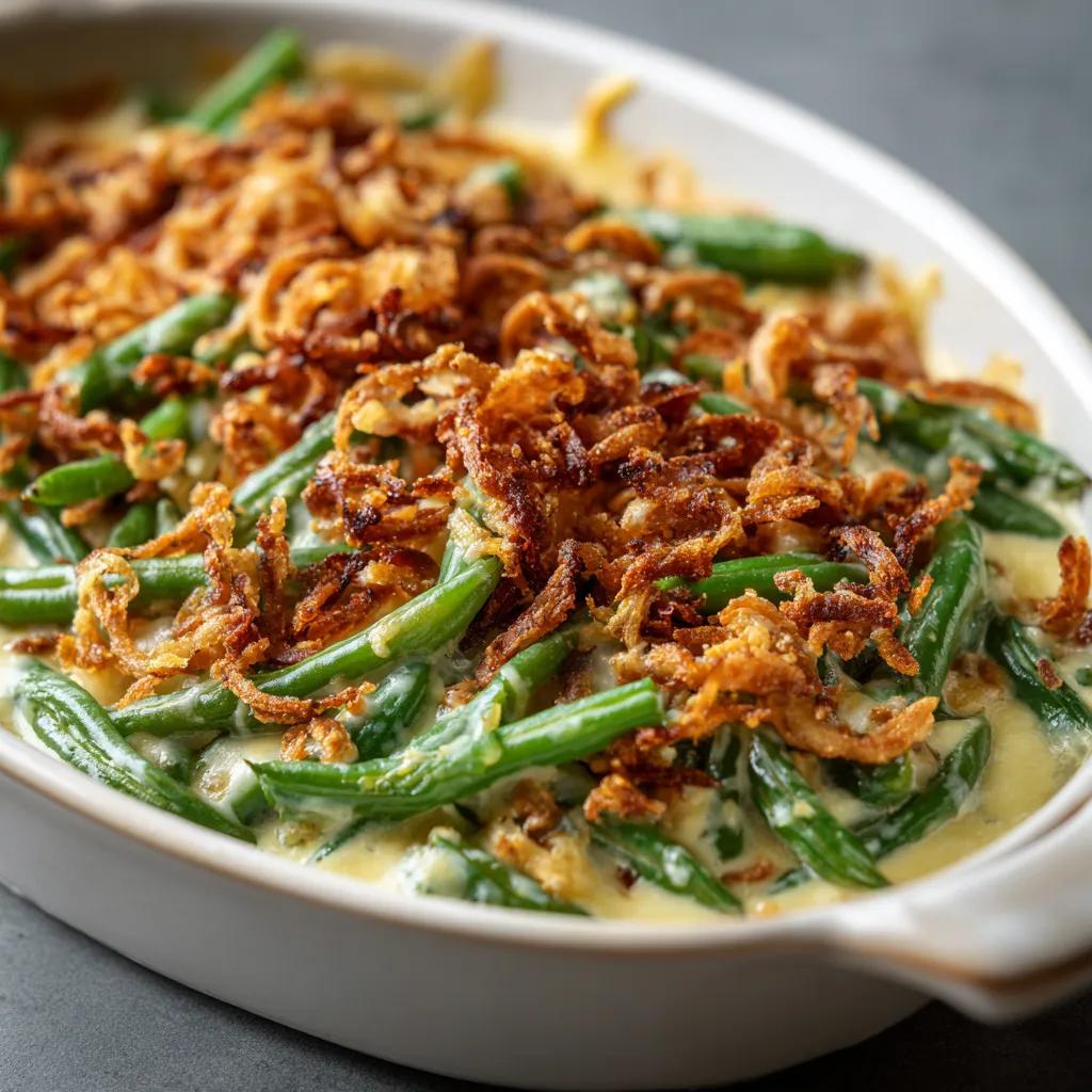 A mouthwatering dish of green bean casserole with a golden crust, drizzled with cream, and surrounded by a soft-focus background.