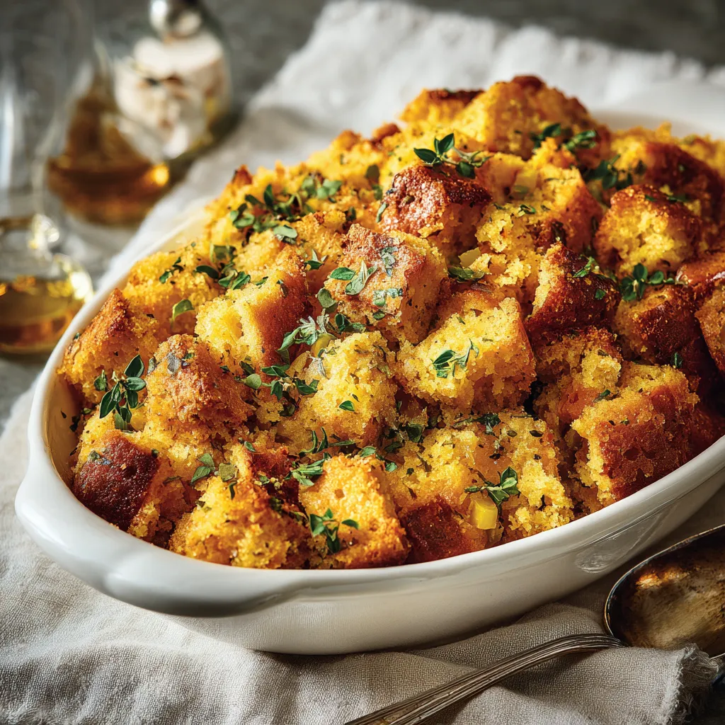 Eye-level view of cornbread stuffing, showcasing celery and onion pieces in natural light.