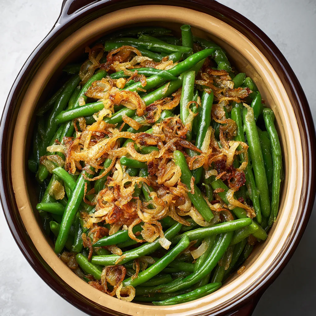 A mouthwatering green bean casserole with a golden crust of fried onions, presented in a cozy kitchen setting.