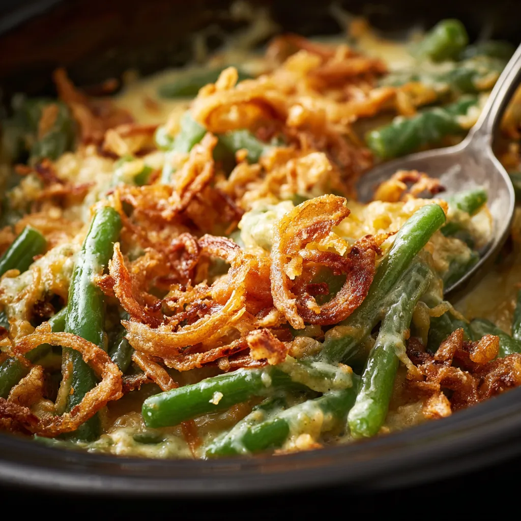 Eye-level view of a baked green bean casserole, highlighting the golden fried onions on top.