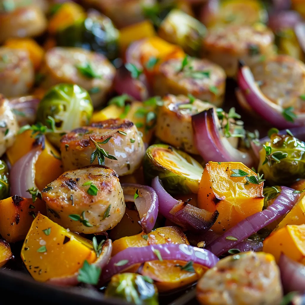 A delicious arrangement of roasted chicken sausage and vibrant fall vegetables on a rustic wooden surface.