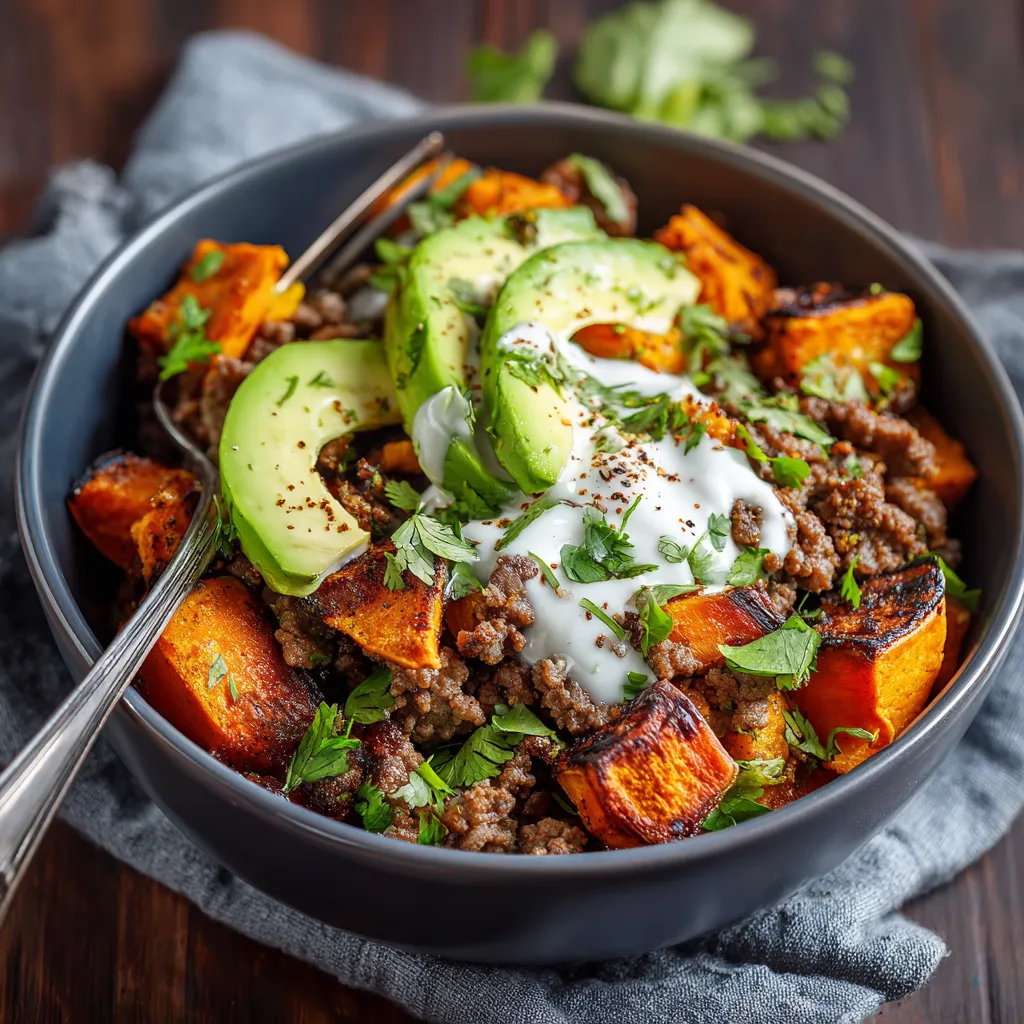 Eye-level shot of a mouthwatering Sweet Potato Taco Bowl with soft textures and a cozy background.