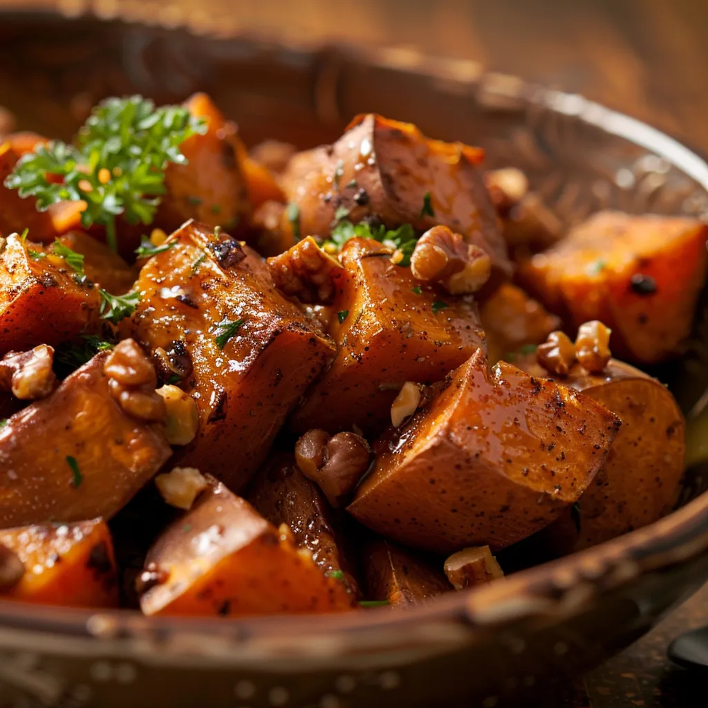 Walnut Maple Roasted Sweet Potatoes on a plate, showcasing rich textures and colors.