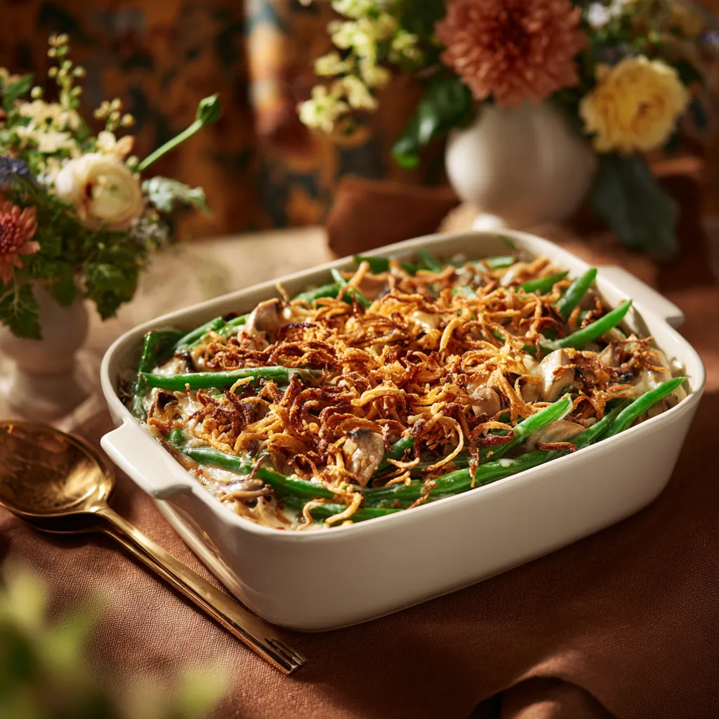 Appetizing green bean casserole served warm, highlighting the vibrant green beans and crunchy onions.