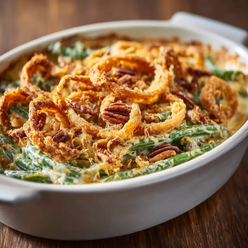Delicious green bean casserole in a white dish, highlighted by warm lighting and rich textures.