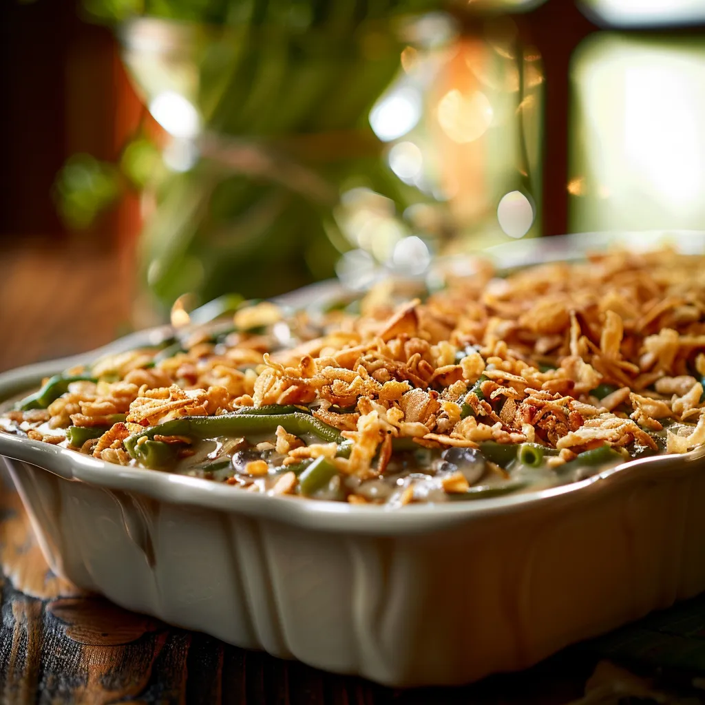 Eye-level photograph of a green bean casserole adorned with French fried onions, freshly baked.
