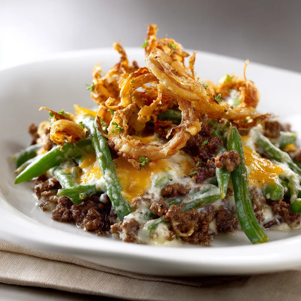 A cozy plate of Hamburger Green Bean Casserole, showcasing green beans and ground beef.
