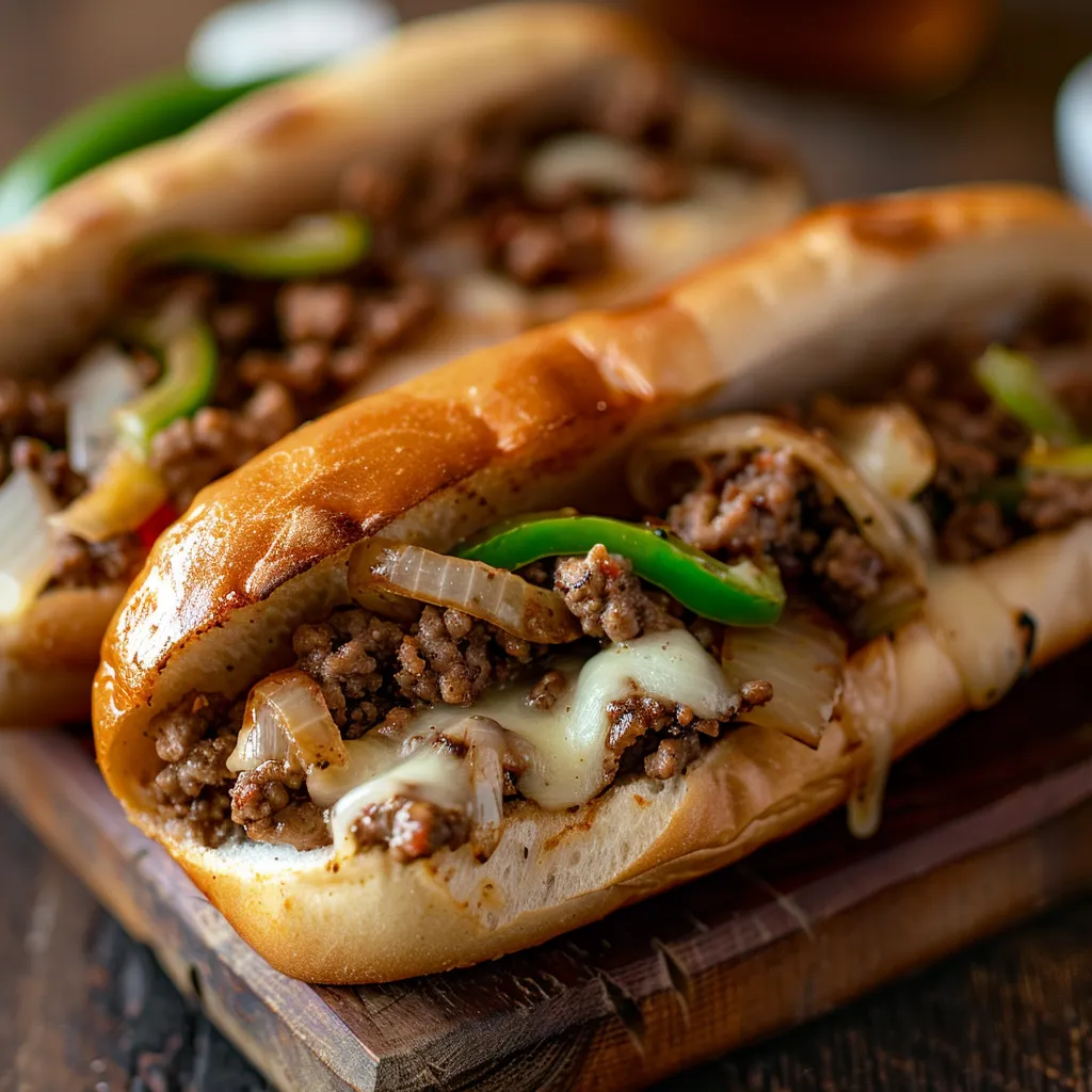 Delicious Ground Beef Philly Cheesesteak, with soft shadows and a blurred, cozy background.