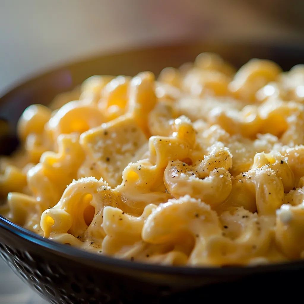 A hearty serving of macaroni and cheese adorned with a rich, cheesy layer and soft pasta.