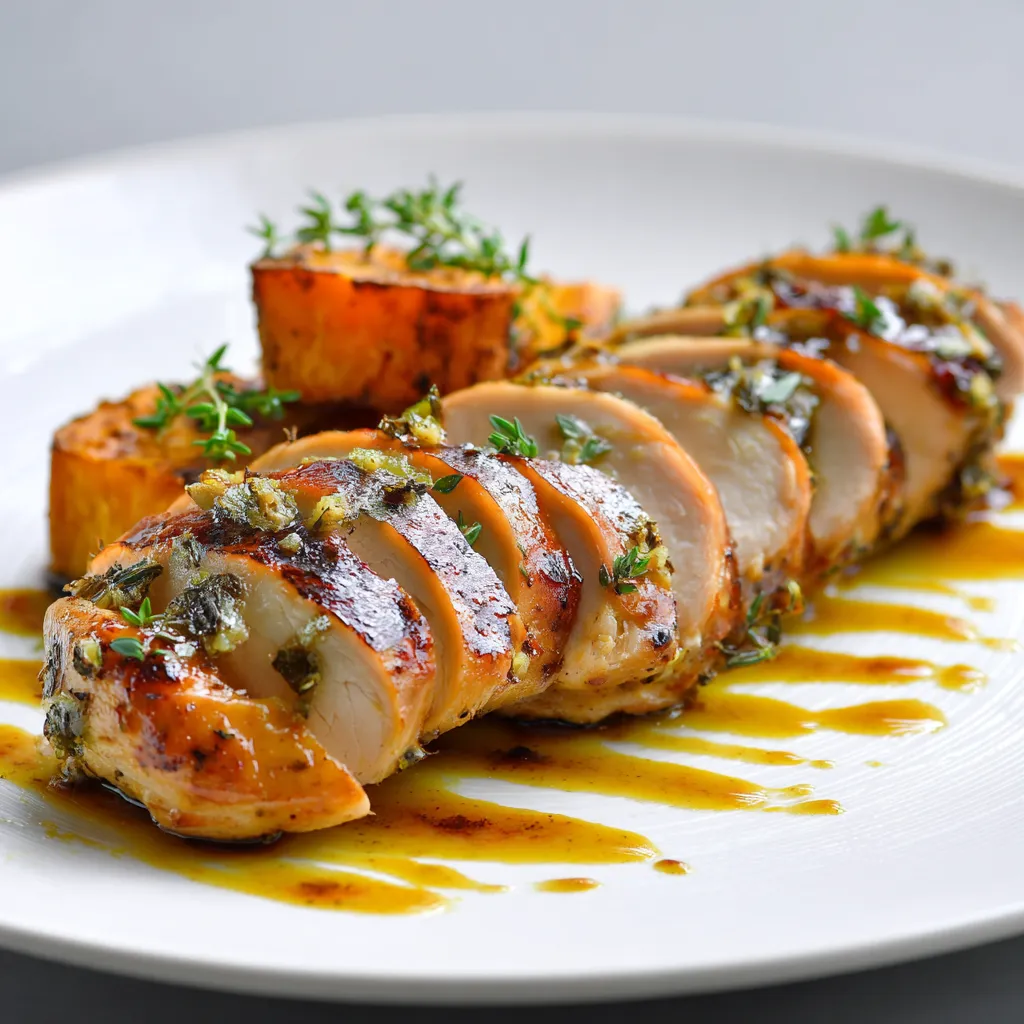 Delicious Maple Glazed Chicken with sweet potatoes, captured in warm natural light.