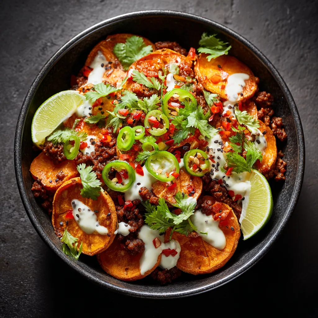 Delicious Sweet Potato Taco Bowl showcasing diced ingredients like sweet potatoes, black beans, and avocado, illuminated by natural light.