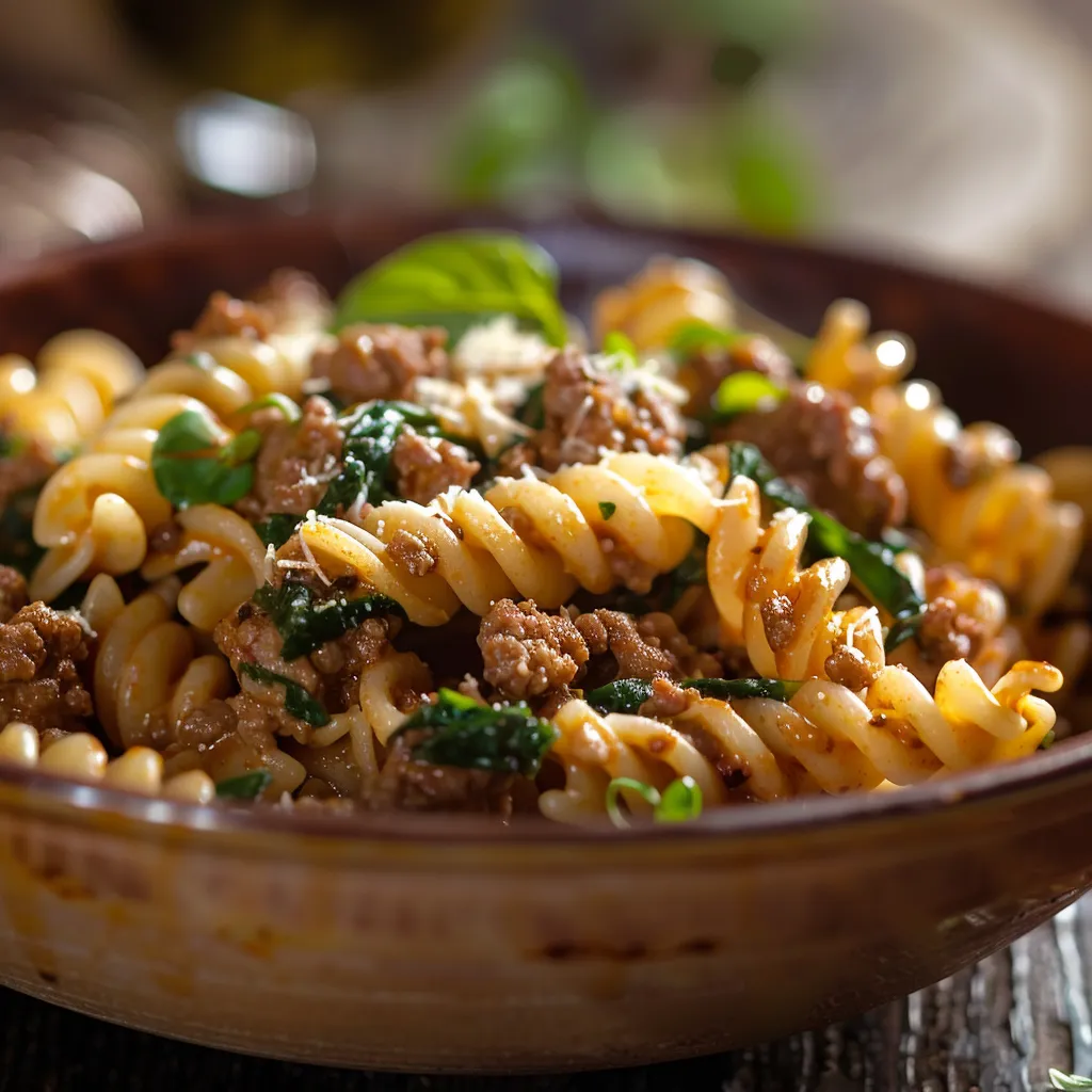 A bowl of flavorful creamy beef pasta featuring whole grain pasta, ground beef, and a sprinkle of cheese.