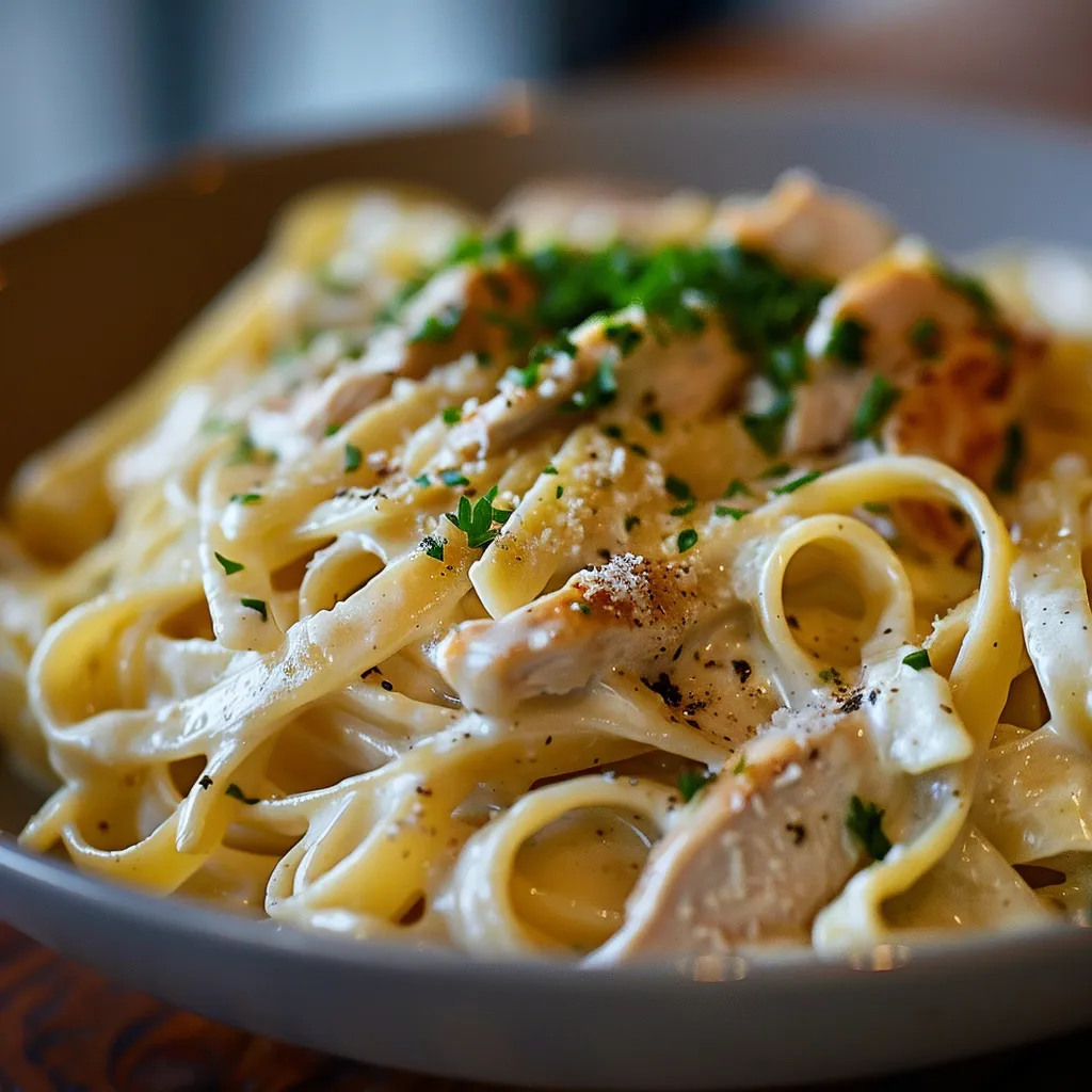An enticing plate of creamy chicken Alfredo pasta, beautifully lit with soft shadows.