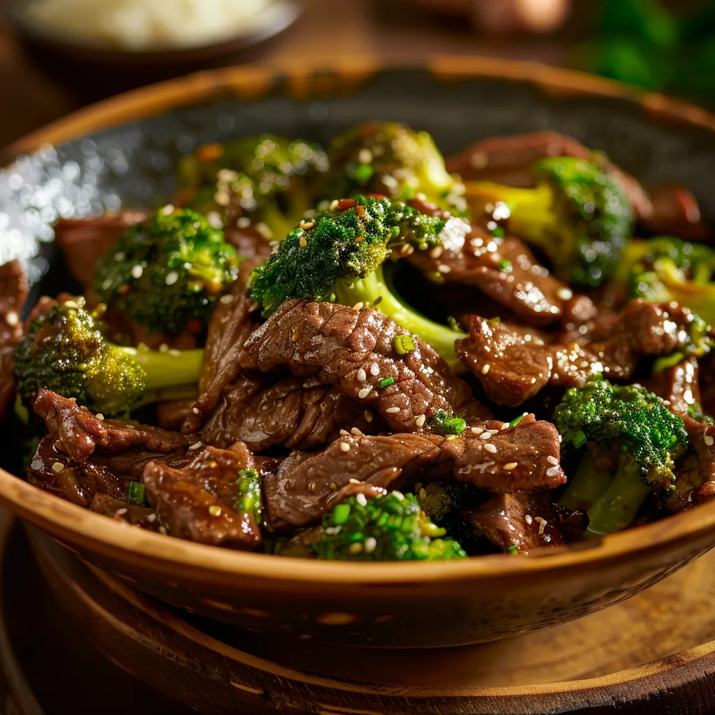 Eye-level photographic capture of beef and broccoli stir-fry, highlighting juicy meat and fresh broccoli.