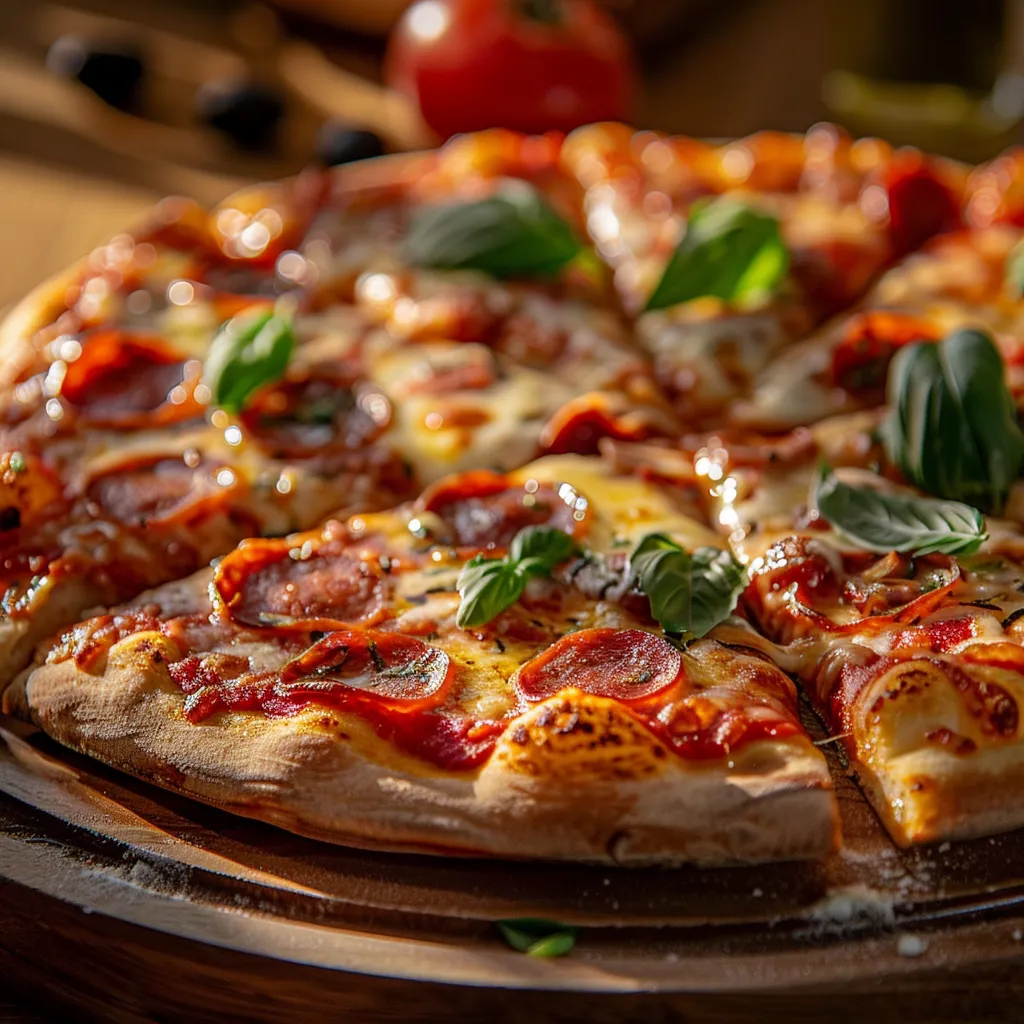Freshly baked pizza featuring mozzarella, pepperoni, and olives against a soft background.