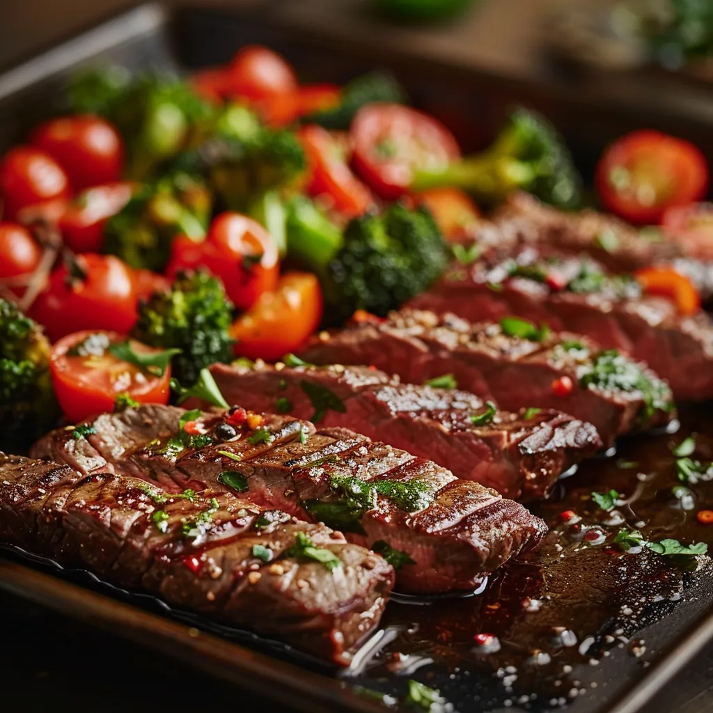An appetizing close-up of cooked flank steak and assorted veggies on a sheet pan, bathed in warm natural light.