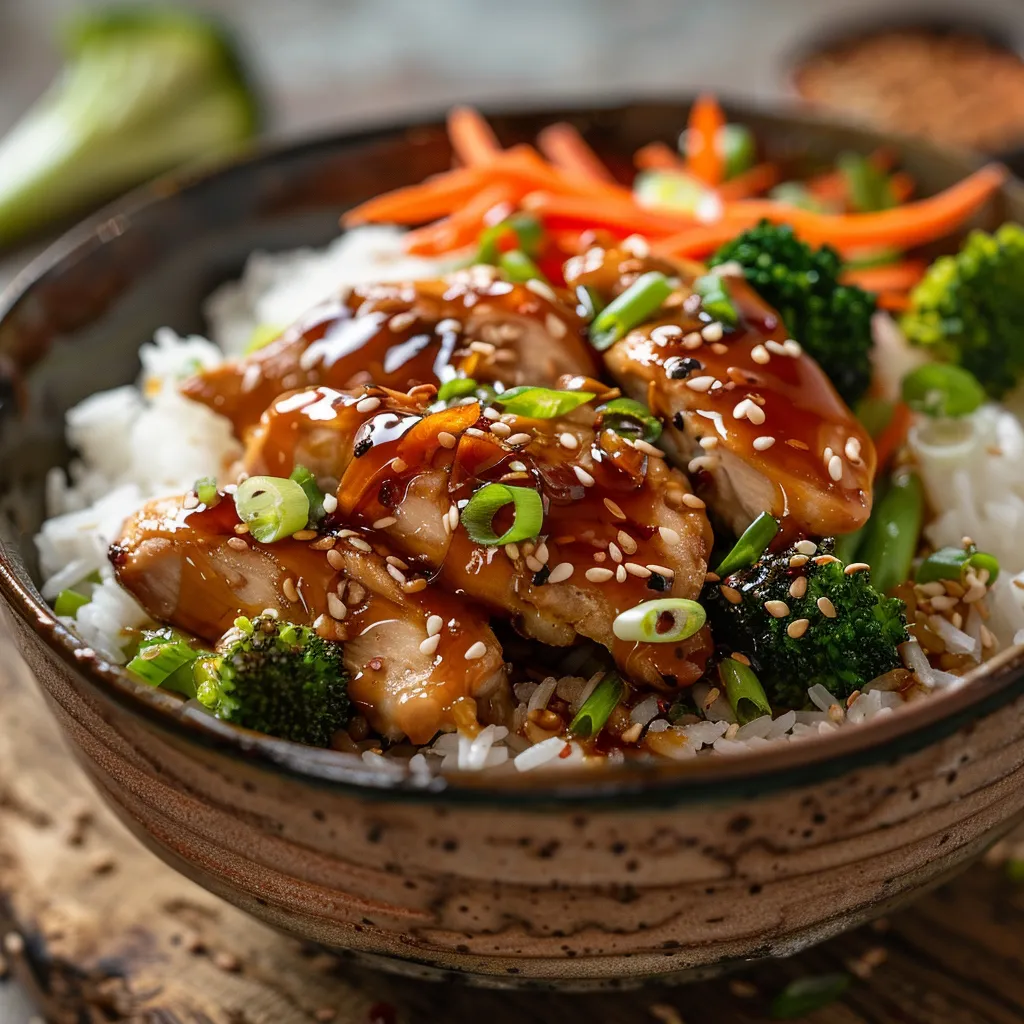 Tantalizing Sticky Chicken Rice Bowl presented with warm lighting, showcasing colorful ingredients.