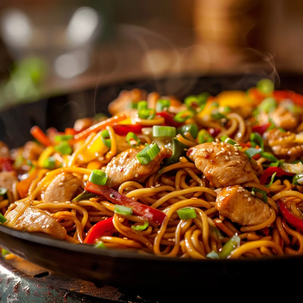 Eye-level shot of Chicken Lo Mein, garnished with green onions and surrounded by soft natural light.